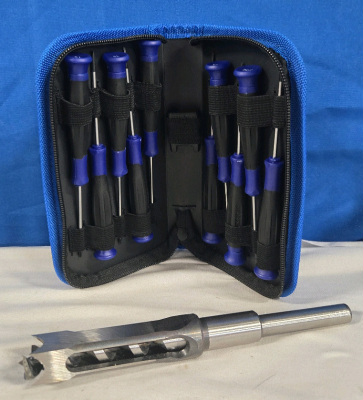 2 New | 19mm Square Hole Drill Bit For Woodworking 8" Long | Workpro 10 Pcs Tiny Screwdriver Set W/ Case
