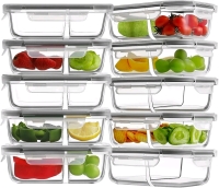 New - HOMBERKING 10-Pack 2-Compartment Glass Meal Containers . Food Storage Containers with Lids, Airtight Glass Lunch Bento Boxes (10 lids & 10 Containers)