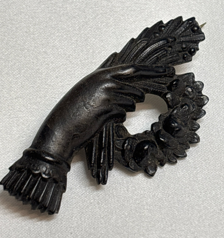 Victorian Mourning Moulded Hand Holding Bouquet Brooch, Moulded Black Jet 1800s