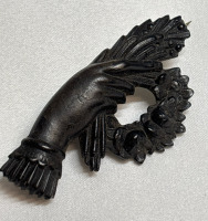 Victorian Mourning Moulded Hand Holding Bouquet Brooch, Moulded Black Jet 1800s
