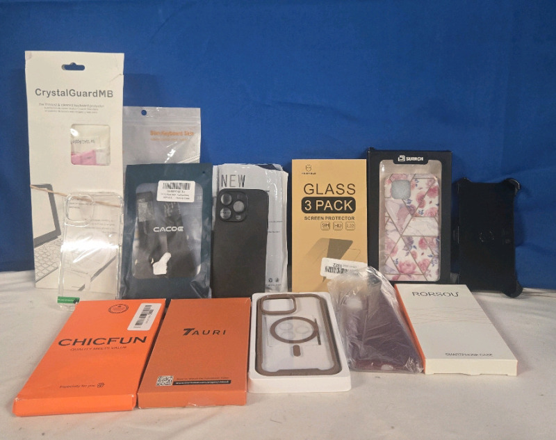 14 New | Phone Accessories Lot | Includes Phone Cases For Samsung, Google Pixle & IPhones / Glass Screen Protectors | & Crystal Guard MB For Keyboard Protection