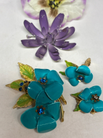 Enameled Egyptian Lotus Flower Brooch & Teal Enamel Rhinestone Brooch & Earrings