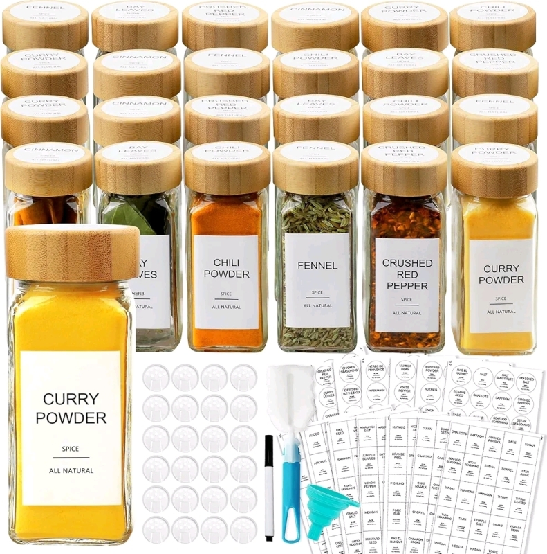 New - AISIPRIN 24Pcs Glass Spice Jars w/Bamboo Airtight Lids & 398 Labels, 4oz Empty Square Containers Seasoning Storage Bottles - Shaker Lids, Funnel, Brush and Marker Included