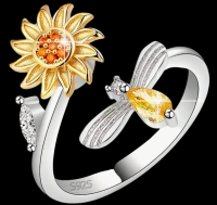 Elegant S925 Sterling Silver Sunflower & Dragonfly Ring