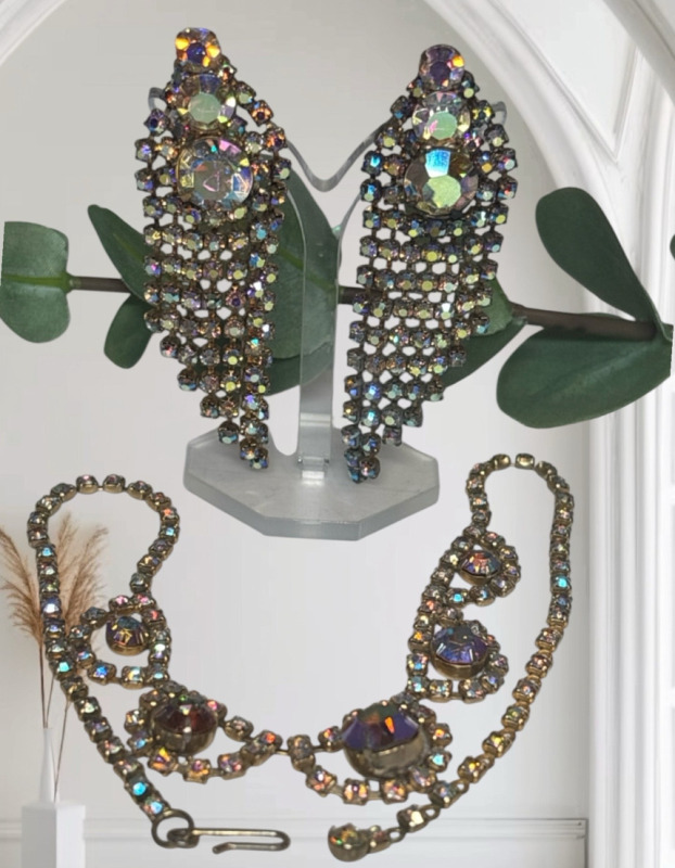Fabulous Continetal Signed Statement Drop Earrings & Rhinestone Crystal Necklace