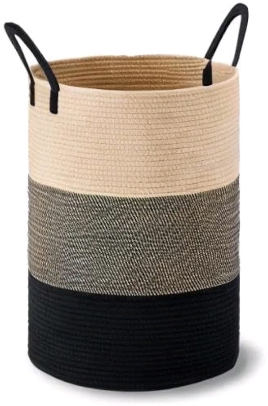 New - VIPOSCO Laundry Hamper, Tall Woven Rope Storage Basket for Blanket, Toys, Laundry in Living Room - 72L Brown & Black