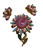 Stunning Signed Florenza Brooch Earrings Set Rare Large Daisy Flower Enamel Satin Moon Glow As is
