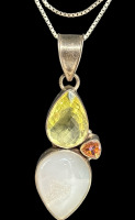 Statement Sterling Lemon + Orange Citrine + Druzy Pendant 3.25 Inch with Bale 925 Box Chain 30 Inch