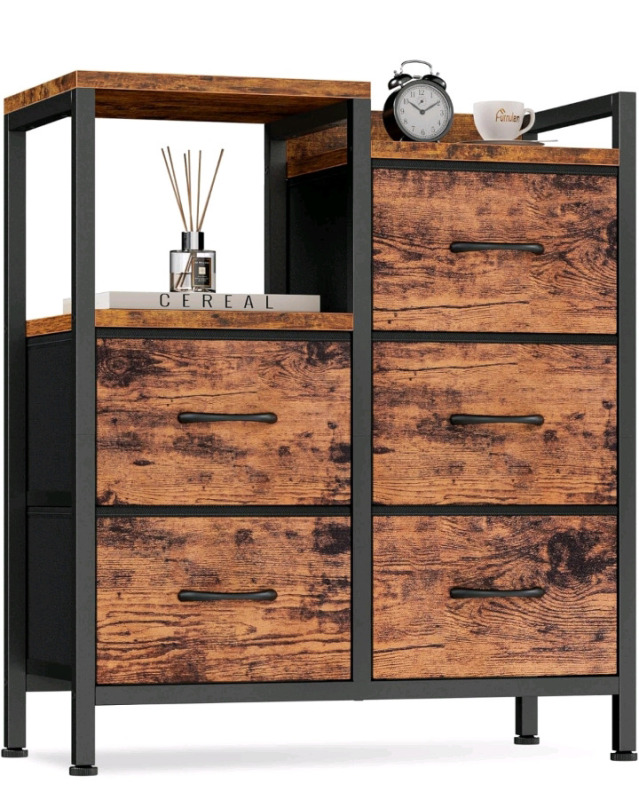 New | Furnulem 5 Drawer, Metal Frame, Rustic Brown Dresser W/ Fabric Drawers | * See Photos For Measurements * Assembly Required *