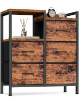New | Furnulem 5 Drawer, Metal Frame, Rustic Brown Dresser W/ Fabric Drawers | * See Photos For Measurements * Assembly Required *