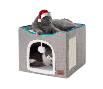 New | Bedsure Cat Bed Cave with Fluffy Ball Hanging and Scratch Pad | Foldable Cat Hideaway | Measures 16.5"x16.5"x14" | * Retails For $180+ *
