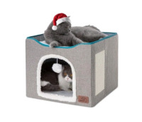New | Bedsure Cat Bed Cave with Fluffy Ball Hanging and Scratch Pad | Foldable Cat Hideaway | Measures 16.5"x16.5"x14" | * Retails For $180+ *