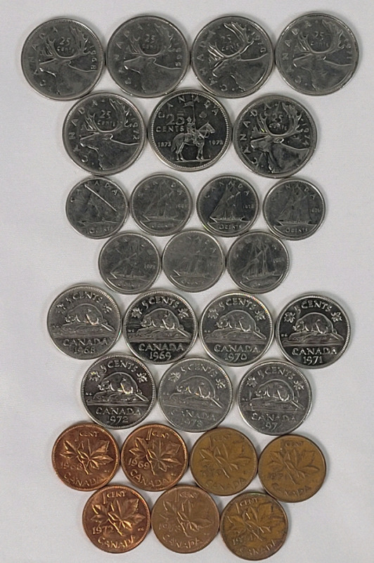1968 - 1974 Canadian Small Cents , Consecutive Years . Quarters , Dimes , Nickels & Pennies