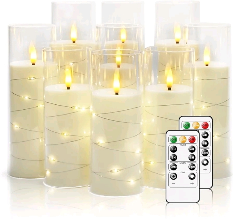 9 New Nimiko Flickering Flameless LED Pillar Candles with Embedded Star String and with Remotes Retails over $80