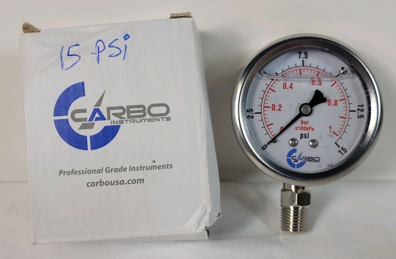 New - Carbo Stainless Steel Pressure Gauge Dual Display (0-15 psi/kPa) - 2 1-2" Glycerine Liquid Filled Water Air Oil Gas Gauge with Polycarbonate Lens - 1/4" NPT
