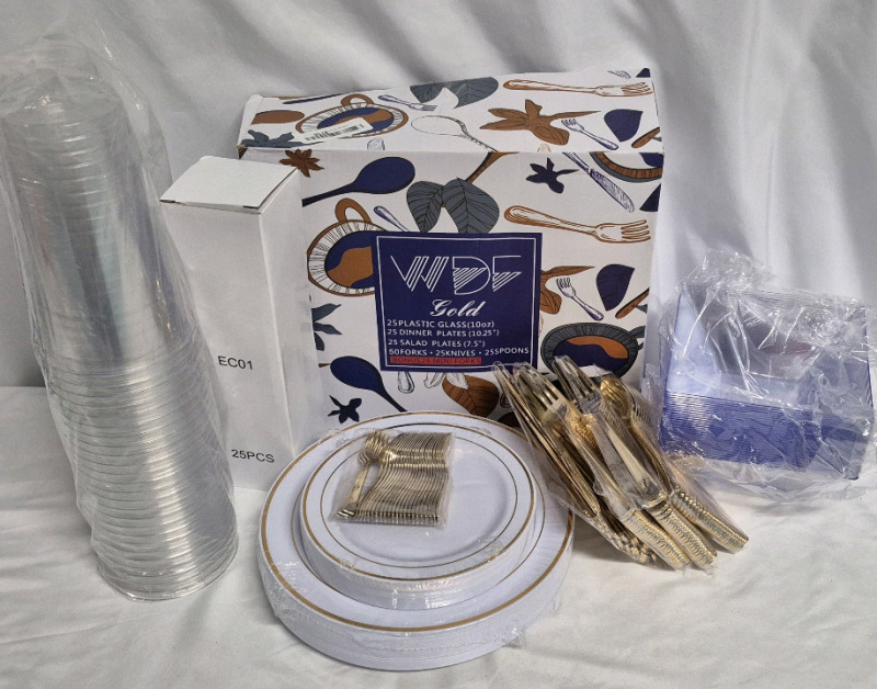 New Plastic Flatware, Plates, Bowls & Cups - Place Setting for 25