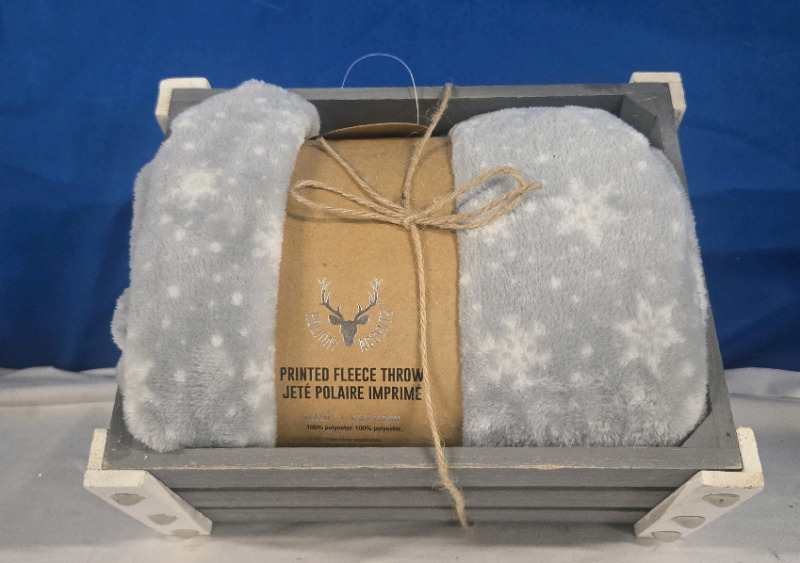 2 New | Printed Fleece Throw 50" x 60" & Cute Wooden Gift Crate | Perfect Christmas Gift 10.5" x 7.5" x 6"