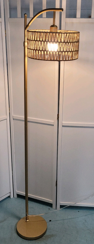 New - Gold Floor Lamp with Rattan Shade plus Remote & Bulb . Modern Arc Floor Lamp with 3 Color Temperatures .