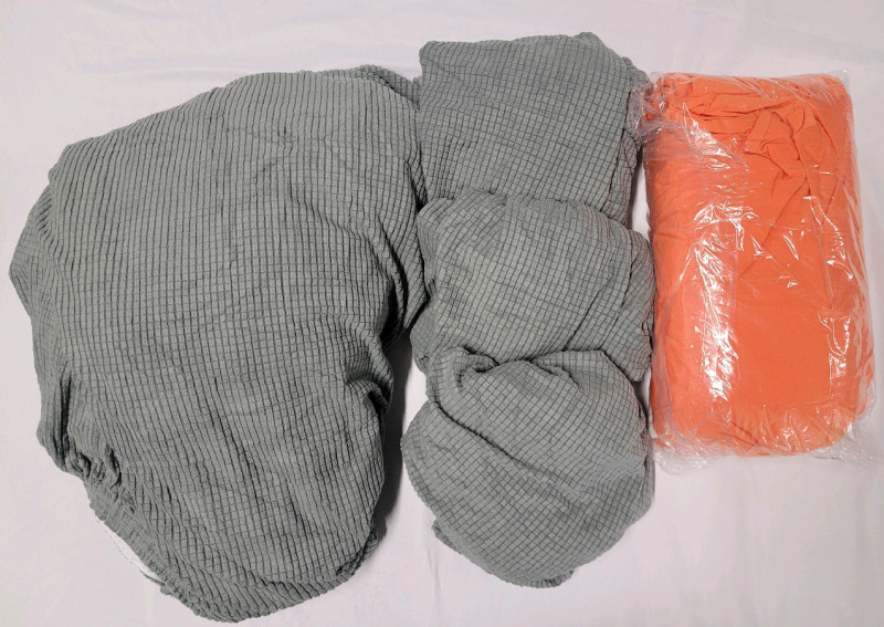 Standard Size 3-Cushion Couch Cover (Grey) - 1 Couch Cover and 3 Cushion Covers & 10 Spandex Folding Chair Covers (Orange)