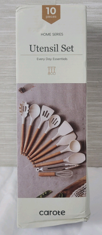 New - CAROTE Silicon Cooking Utensils 10pc. Set for Kitchen Non-Stick Cooking Set with Wooden Handles . Box has some bend damage, does not effect product in box