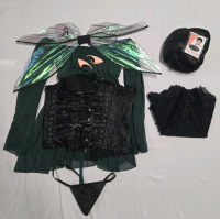 New | Size Large Ladies Halloween Lot | Includes Fiary Costume W/ Wings & Corsette | Black Cosplay Wig & Black Spider Veil