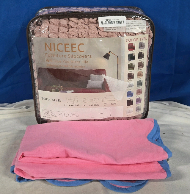 2 New | Niceec Loveseat Slipover Cover, Colour: Pink | & ( 2 ) Square Decorative Pillow Cases Measuring 25" x 25"
