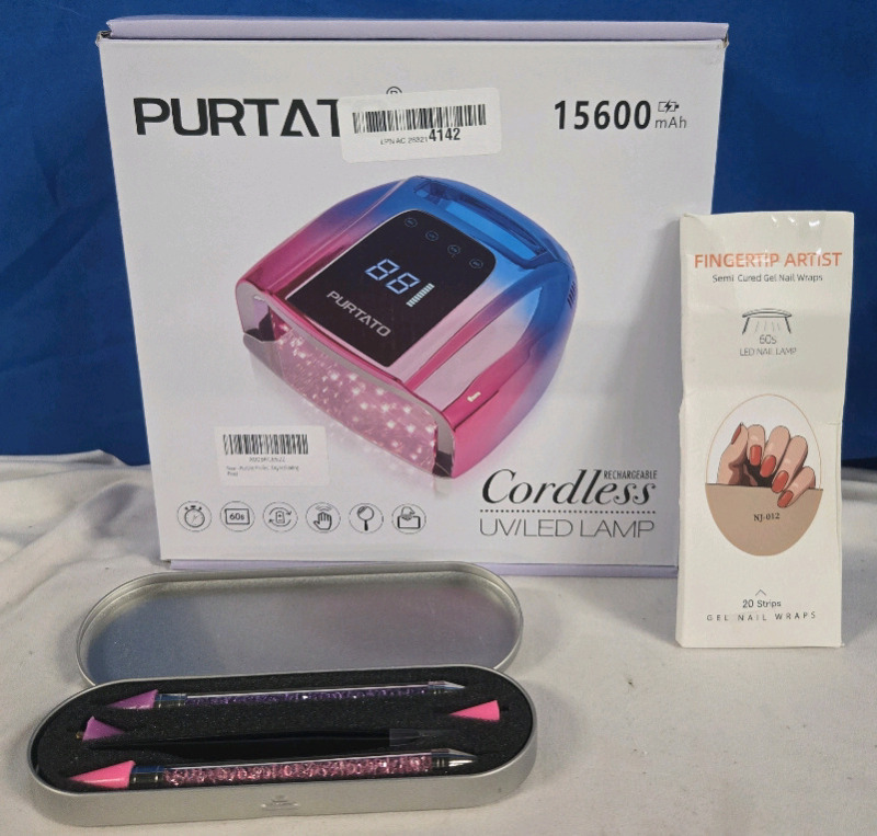 3 New | Purtato Professional Cordless Rechargeable UV/ LED Lamp 15600mAh | Fingertip Artist Semi Cured Gel Nail Wraps ( 20 Strips ) | & 2 Sparkly Mechanical Pencils W/ Carry Case, Case Measures 7" Long