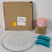 New - Kitchen Lot - Casserole Silicone Handle Grips - Pair , 12oz. Easy Opening / Closing Food Jar & 12 3/4" Microwave Replacement Plate