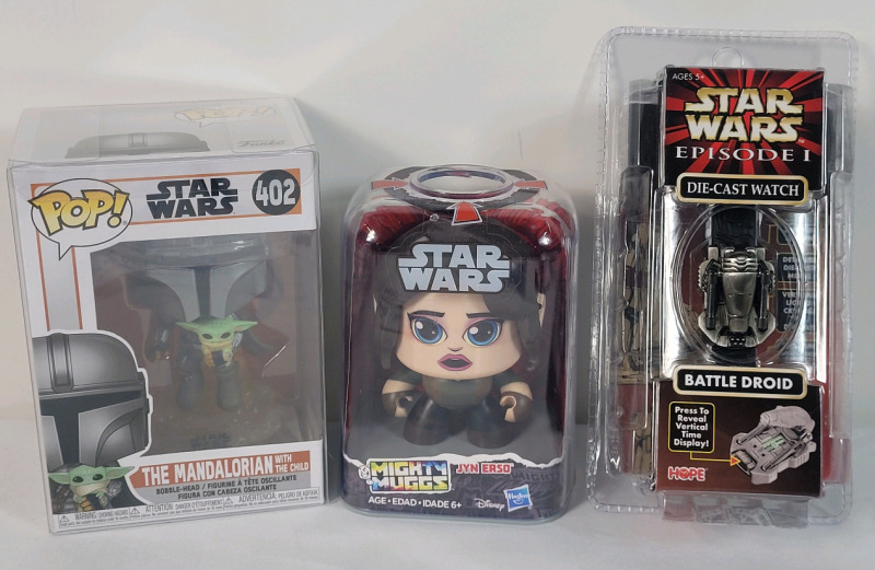 New - Star Wars Collector Lot . Star Wars Funko Pop! The Mandalorian w/The Child , Star Wars Episode 1 Battle Droid Watch & Star Wars Mighty Mug JYN ERSO Figure .