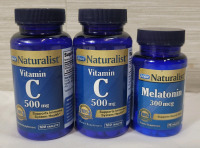 New , Sealed - Rexall Naturalist Vitamin C 500mg Tablets , 100 per Bottle , 2-Bottles & Rexall Naturalist Melatonin 300 mcg Tablets , 75 Tablets . All Bottles Expire 2026