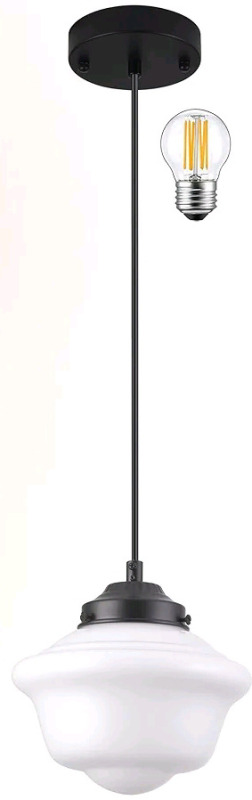 New - AyshwillDec 8" Black Schoolhouse Light Fixture , Milk Glass Pendant Light , Bulb Incl.