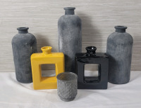 New - Modern Home Decor Lot . 3 Frosted Textured Glase Vases , 2 Square Pottery Vases & Frosted Glass Candle Holder . Measures 3.5" to 13" tall