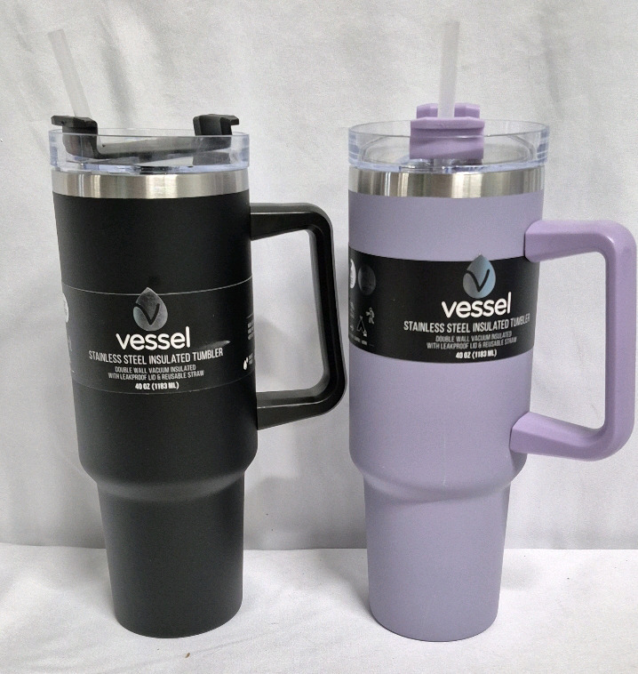 2 New Vessel Stainless Steel Insulated Tumbler with Handle 40oz (1183mL) - Purple & Black Hot & Cold Drinks