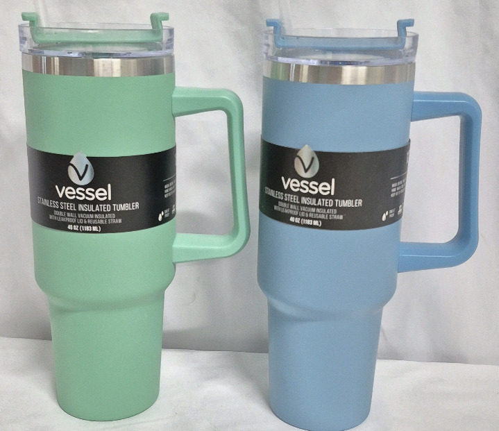2 New Vessel Stainless Steel Insulated Tumbler with Handle 40oz (1183mL) - Green & Blue Hot & Cold Drinks