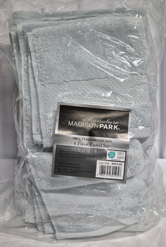 New 6 Piece Towel Set by Signature Madison Park - Light Blue 100% Turkish Cotton