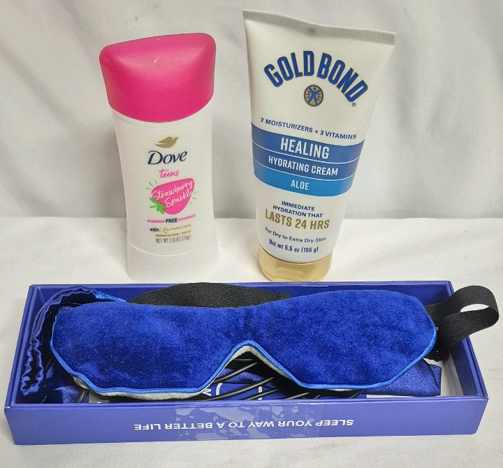 New Body Care Lot - Heated Eye Mask, Gold Bond Body Cream 155g, & Dove Deoderant 74g Strawberry Sparkle