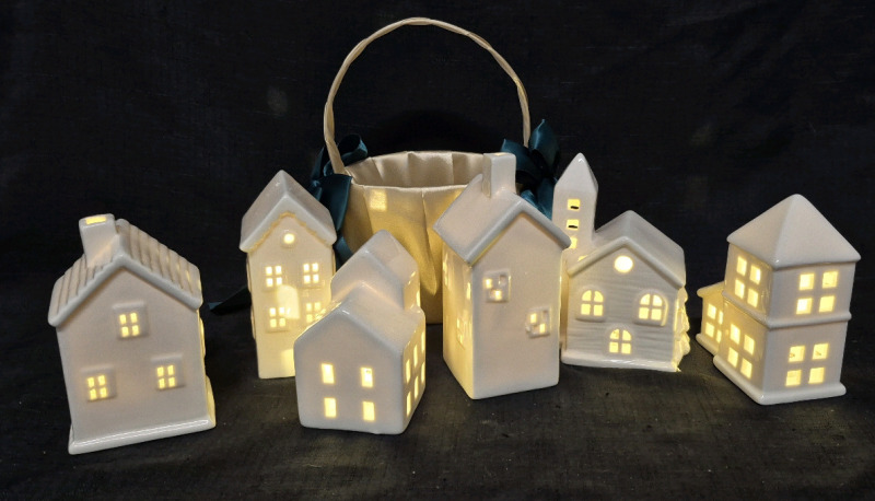 6 New Festive Decor - Ceramic Light Up Houses & Basket