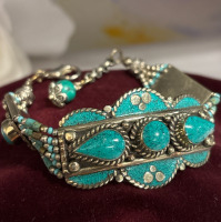Turquoise Silver Panel Bracelet Bead Work Cabs and Inlay
