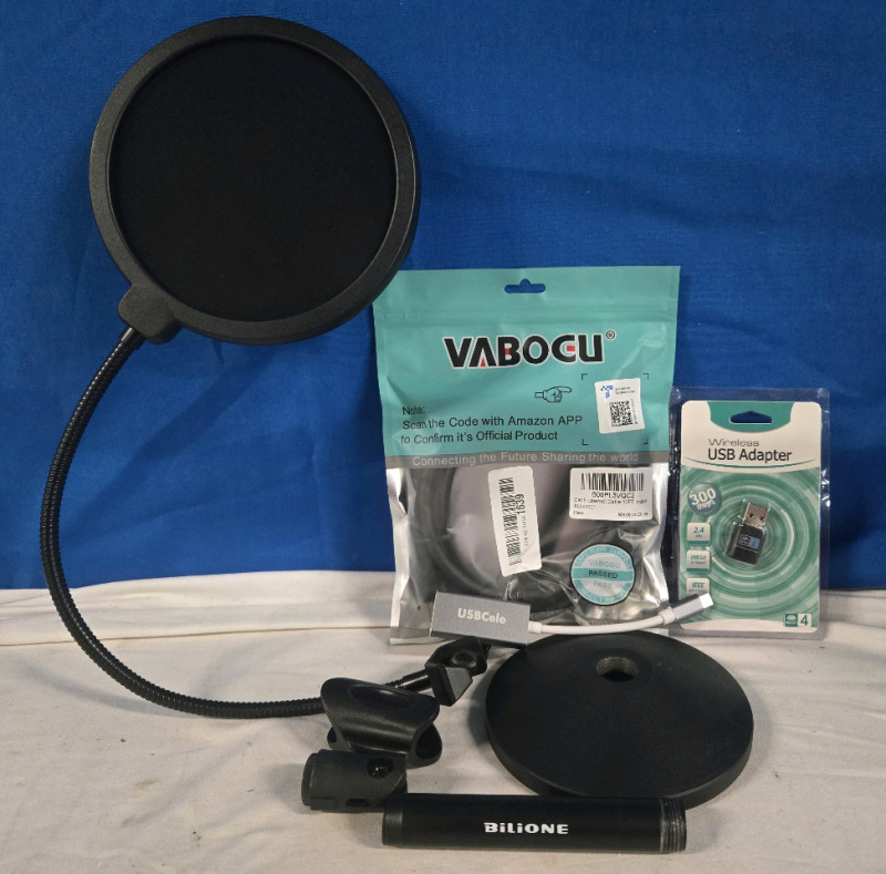 New | Electronics Lot Includes; Bilione Upgraded Desktop Microphone Stand, USBcele Adapter, Wireless USB Adapter, & Vabocu Cat 8 10Ft Ethernet Cable