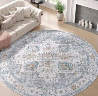 New |Nourison Jubilant Damask Ivory/Blue 7' Dia Round Area -Rug