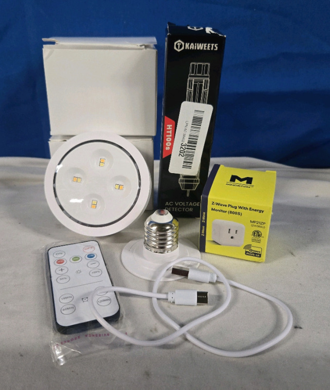4 New | ( 2 ) Kandicyar Battery Powered Remote Controlled E2 Puck Lights| Kaiweets AC Voltage Detector HT100S | Minoston Z-Wave Plug W/ Energy Monitor ( 800S )