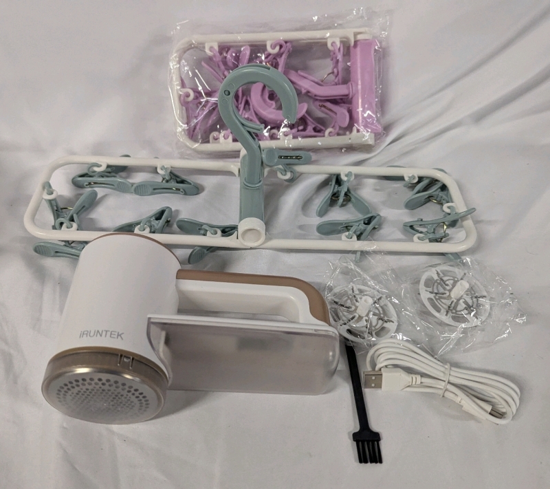 Clothing Care Lot. IRunTek Electric Lint Remover & 2 New 12 Clip Clothing Drying Hanger.