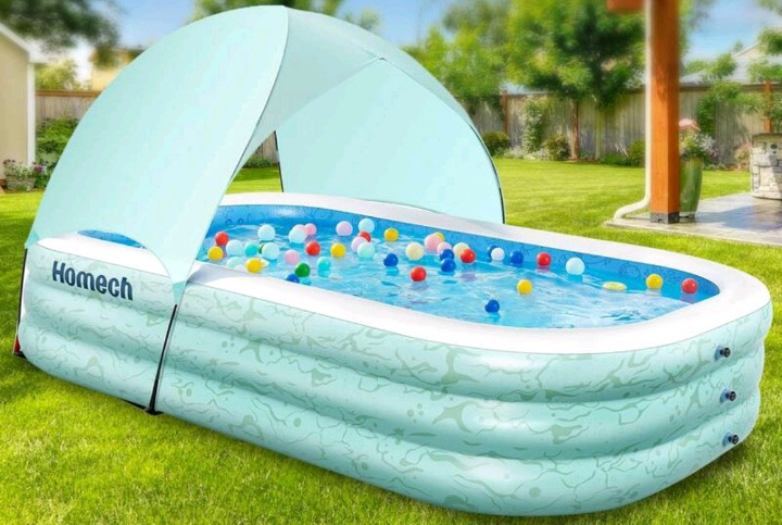 New | Homech Inflatable Rectangular Wading Pool W/Sun Shade | Model# HM-HF007 * Retails For $50+ *