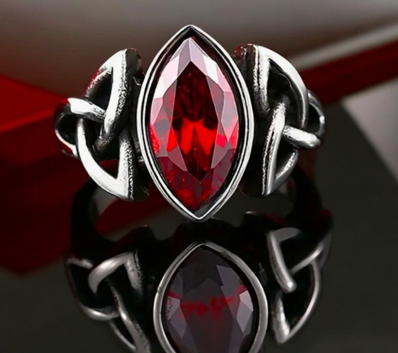 New Celtic Knot Stainless Steel Synthetic Red Stone Size 10
