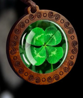 Authentic Four Leaf Clover Rustic Wooden Pendant Necklace