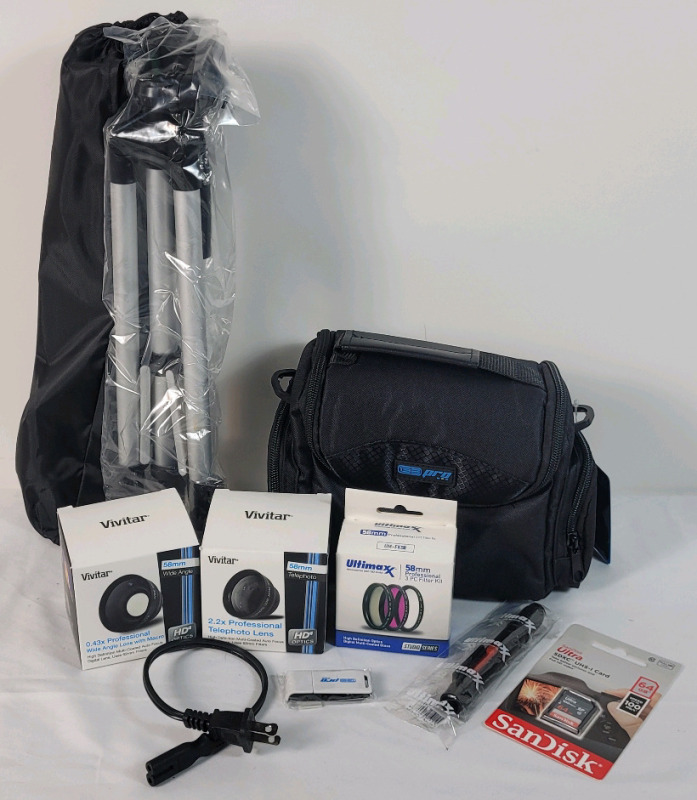 New - Camera Accessories Lot . Vivitar 58mm Wide Angle & 58mm Telephoto Lens , Ultimate 58mm 3pc. PC Filter Kit , 64gb SD Card , MicroSD/USD Drive , 13e Pro Camera Bag & 13e Pro Tripod . Retail $100++
