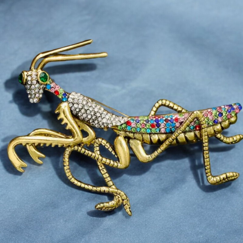 Praying Mantis Brooch Large with Clear and Colourful Rhinestones Delightful