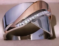 Elegant French Style 925 Sterling Silver Wide Band Ring Natural Zirconia Dual Tone Brushed Finish Size 9 Stamped