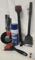 5 New | Barbecue Cleaning Tools Lot | Includes ( 3 ) Char-Broil Red Nylon Grill Brushes 8" - 17" Long | ( 1 ) Flame Glo Silicone Basting Brush W/ Cup | & ( 1 ) Kingsford 14.5Oz Can Of Heavy Duty Grill Cleaner