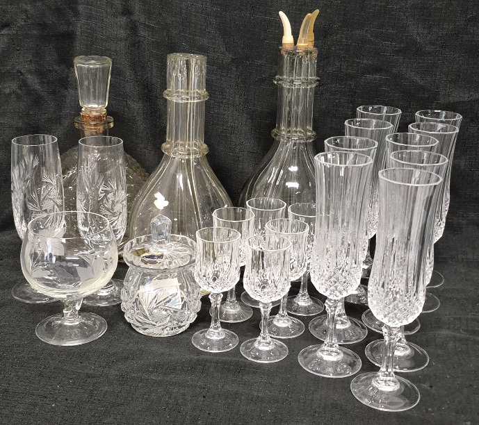 Vintage Glass Decanters (France) & 17 Crystal Glasses